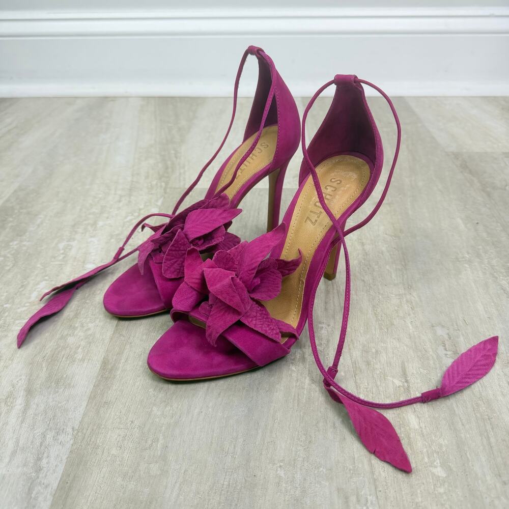 Schutz Thainy Bright Rose Pink Suede Stiletto Sandals Floral Appliques Size 6.5